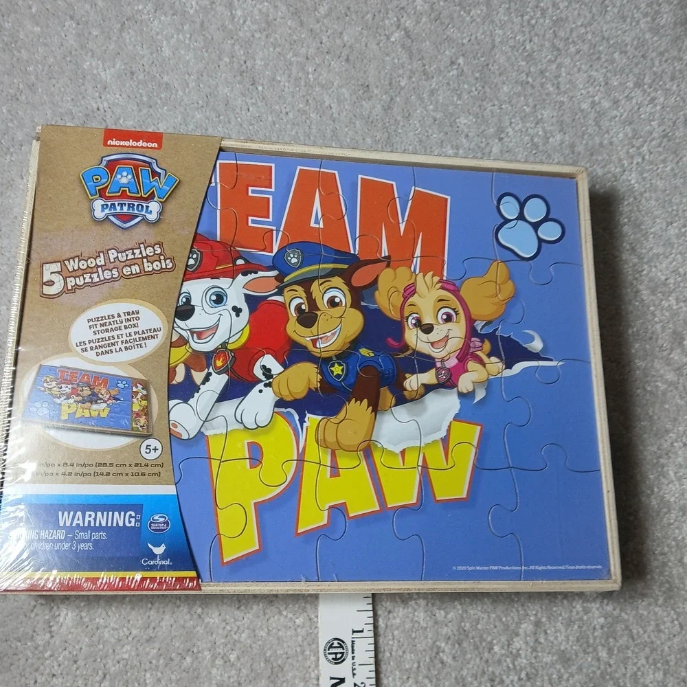 Paw Patrol Set of 5 Wood Puzzles in Wooden Storage Box Ages 3+ New